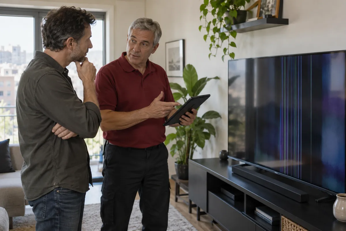 Técnico y cliente comentando opciones junto a un televisor