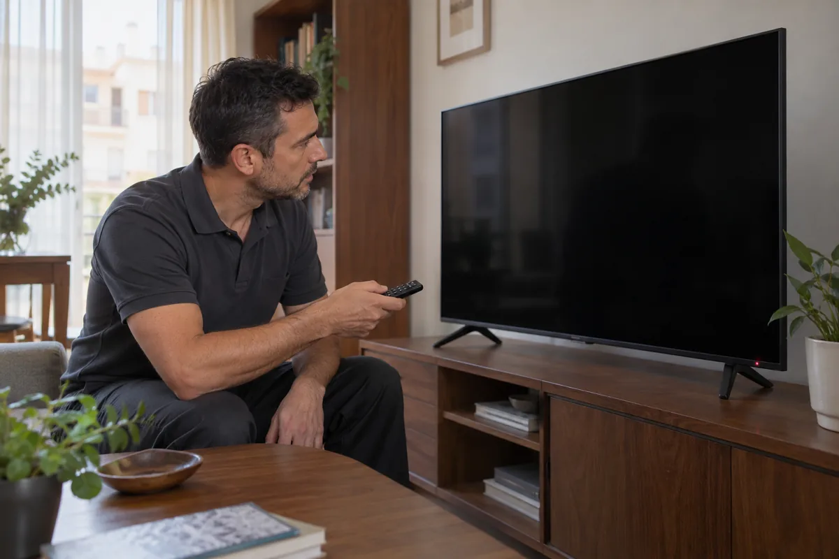 Televisor con pantalla negra y mando a distancia