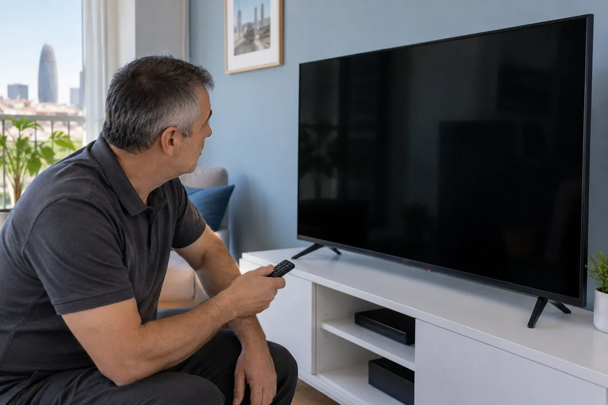 Televisor con pantalla negra y mando a distancia