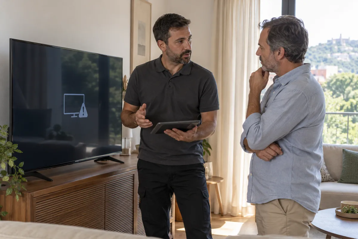 Técnico y cliente comentando opciones junto a un televisor