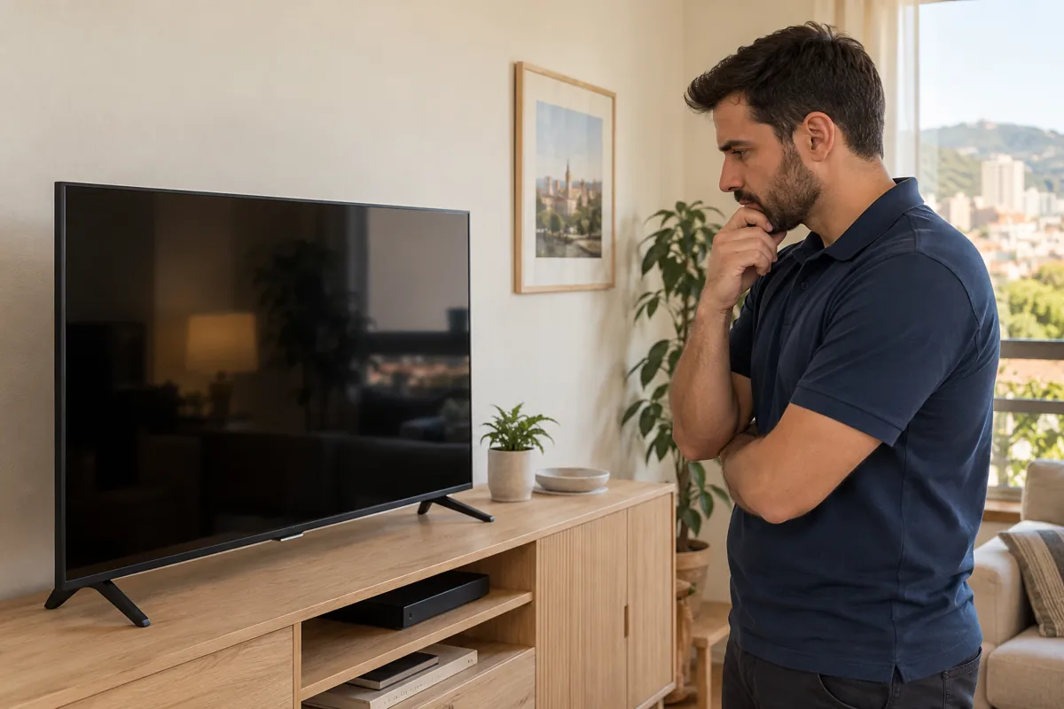 Técnico observando un televisor en un domicilio