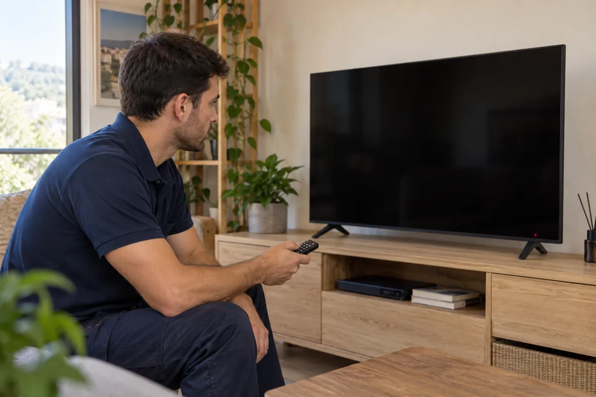 Televisor con pantalla negra y mando a distancia