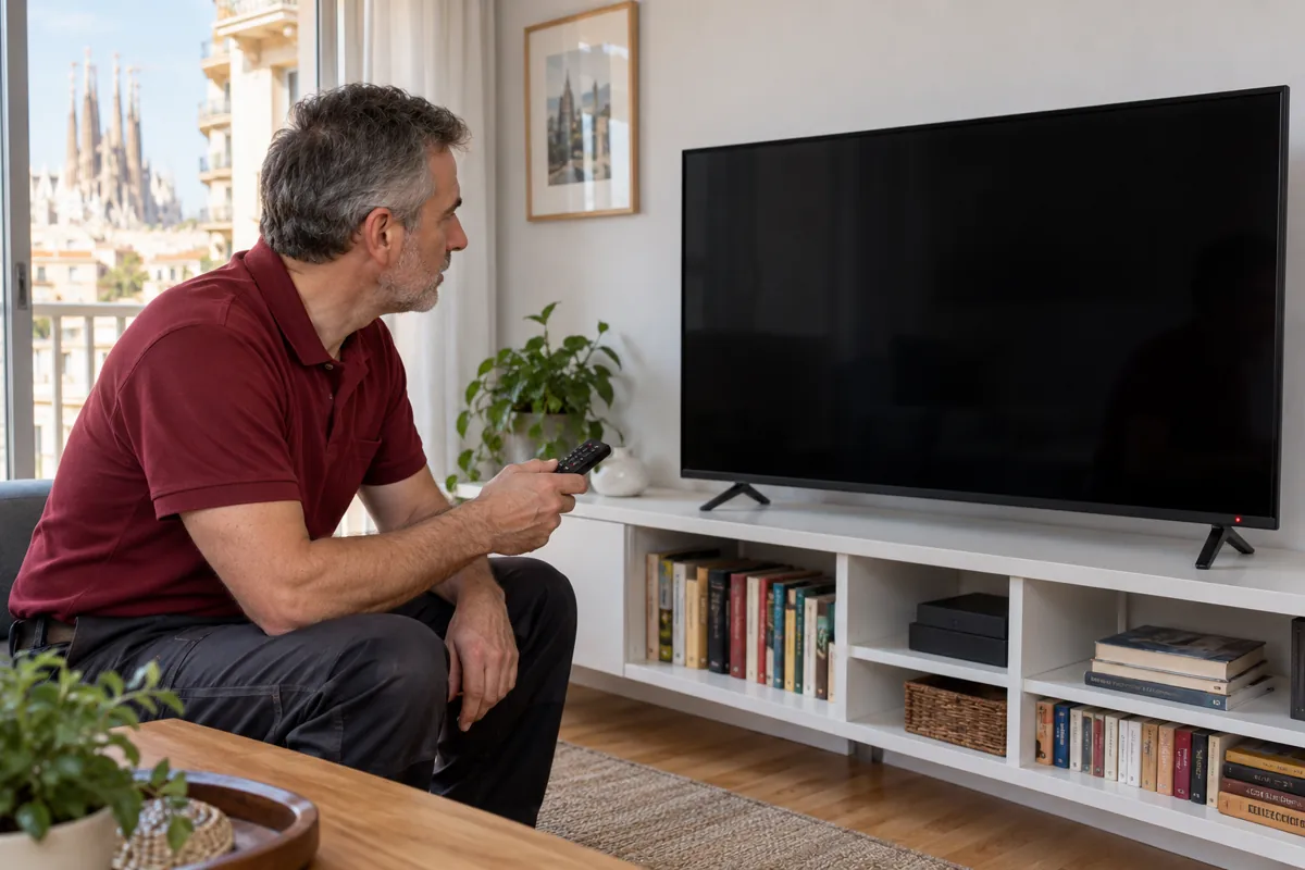 Televisor con pantalla negra y mando a distancia