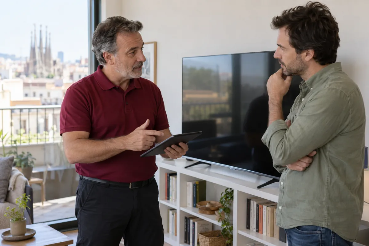 Técnico y cliente comentando opciones junto a un televisor