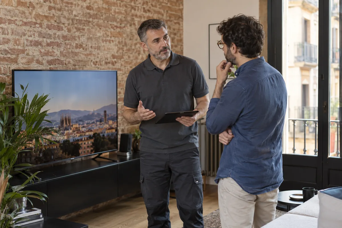 Técnico y cliente comentando opciones junto a un televisor