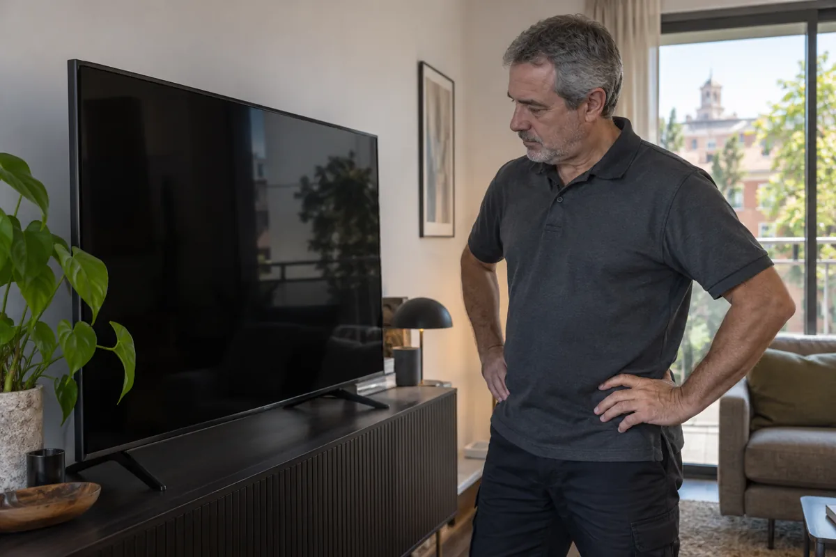 Técnico observando un televisor en un domicilio