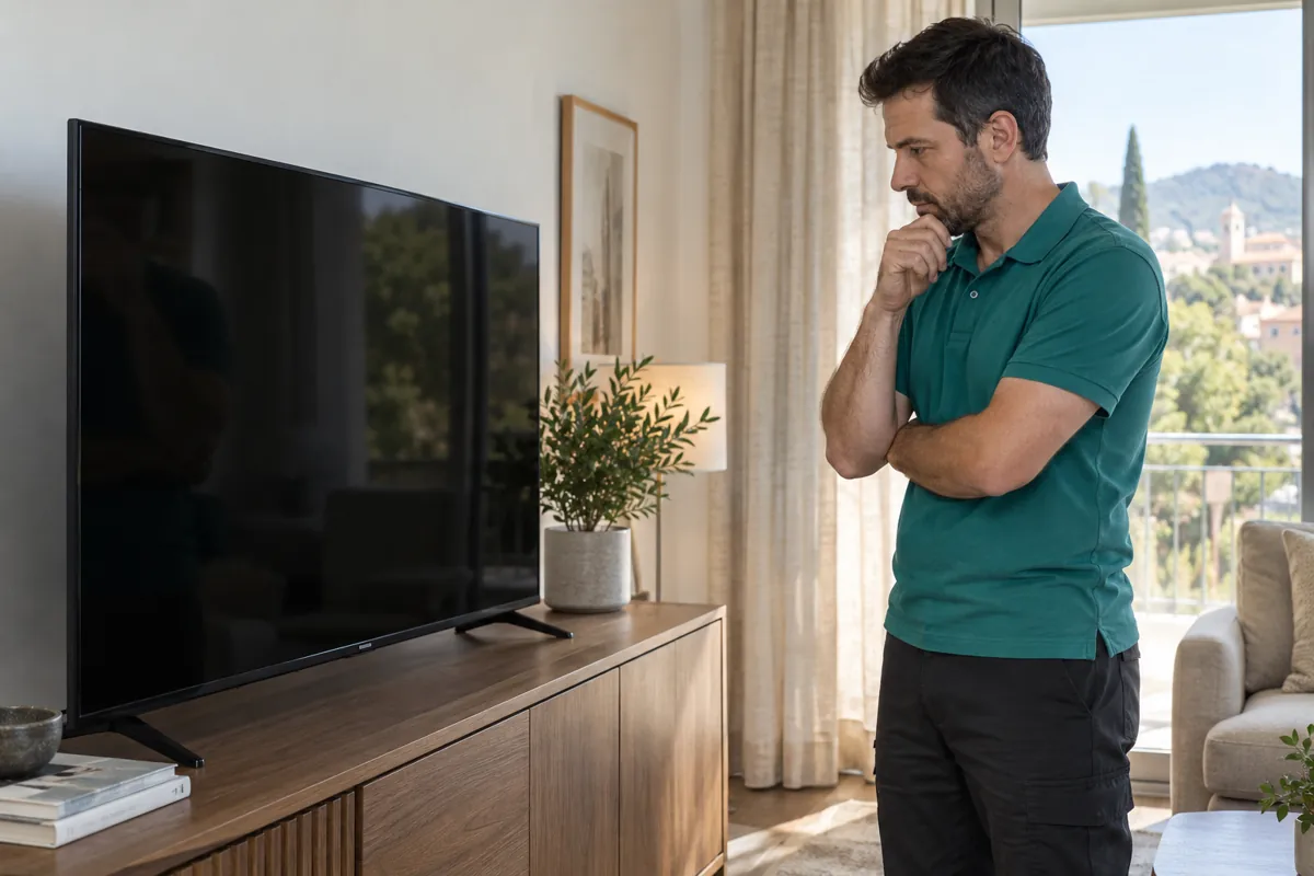 Técnico observando un televisor en un domicilio