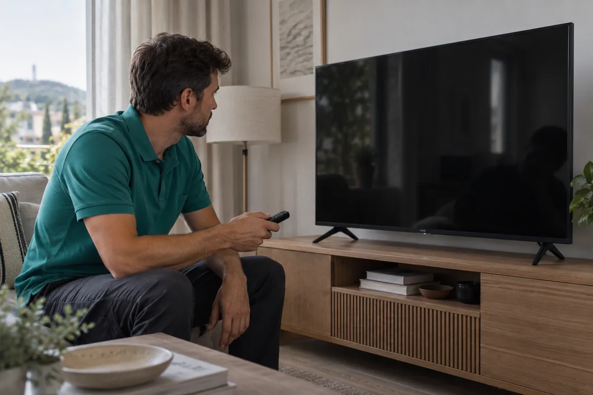 Televisor con pantalla negra y mando a distancia