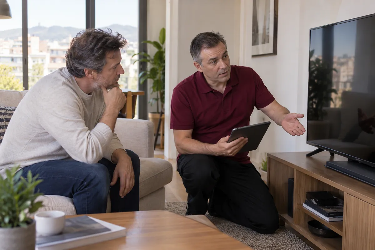 Técnico y cliente comentando opciones junto a un televisor