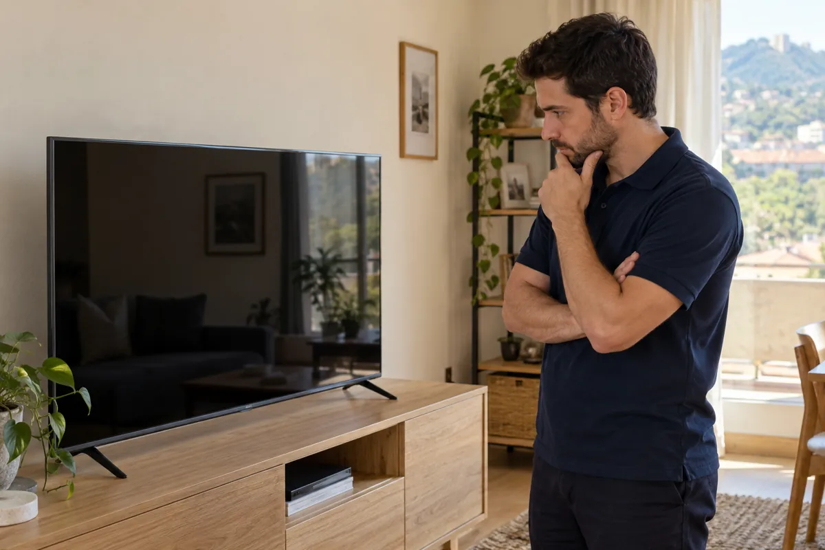 Técnico observando un televisor en un domicilio