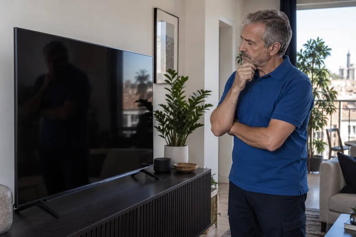 Técnico observando un televisor en un domicilio
