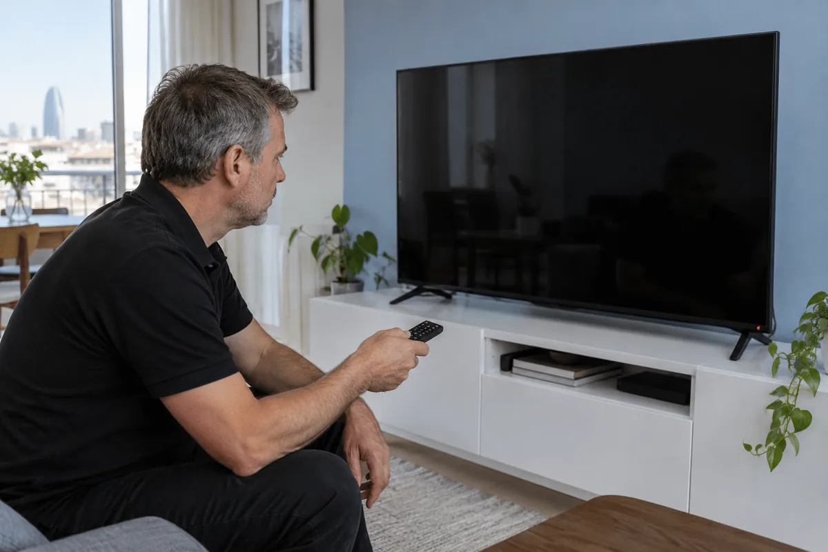 Televisor con pantalla negra y mando a distancia