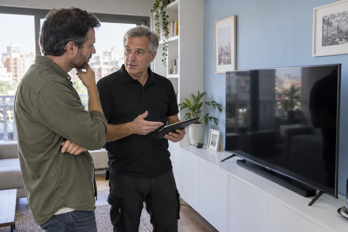 Técnico y cliente comentando opciones junto a un televisor