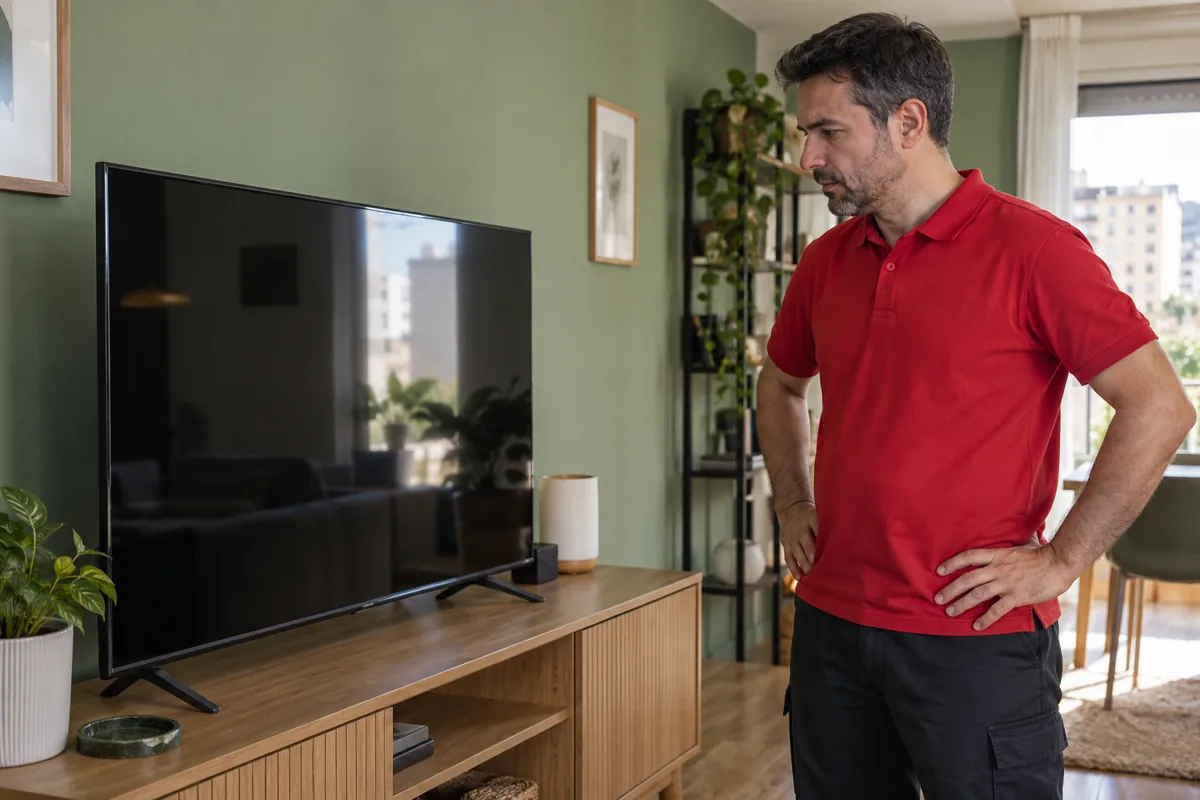 Técnico observando un televisor en un domicilio