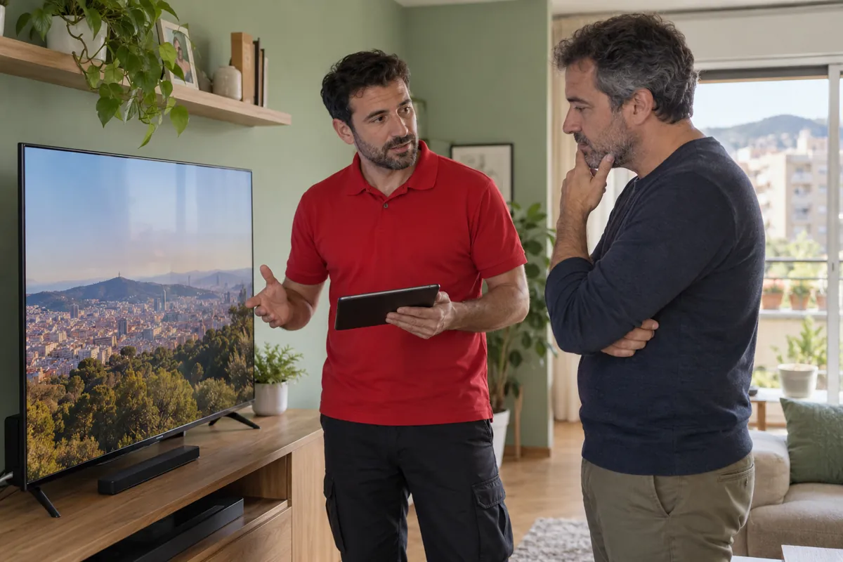 Técnico y cliente comentando opciones junto a un televisor