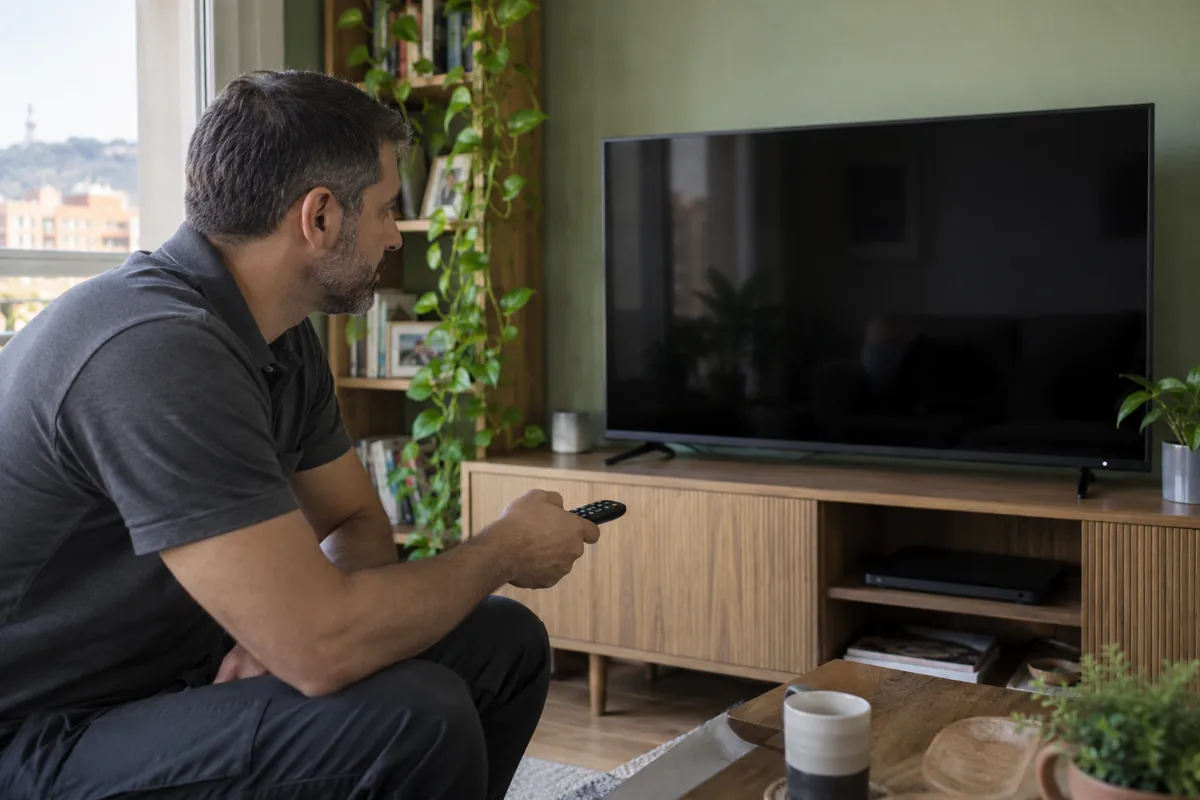 Televisor con pantalla negra y mando a distancia
