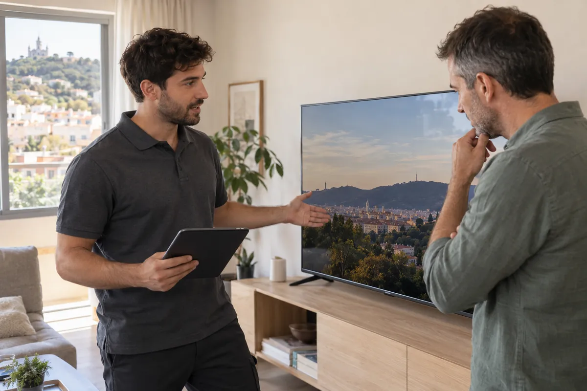 Técnico y cliente comentando opciones junto a un televisor