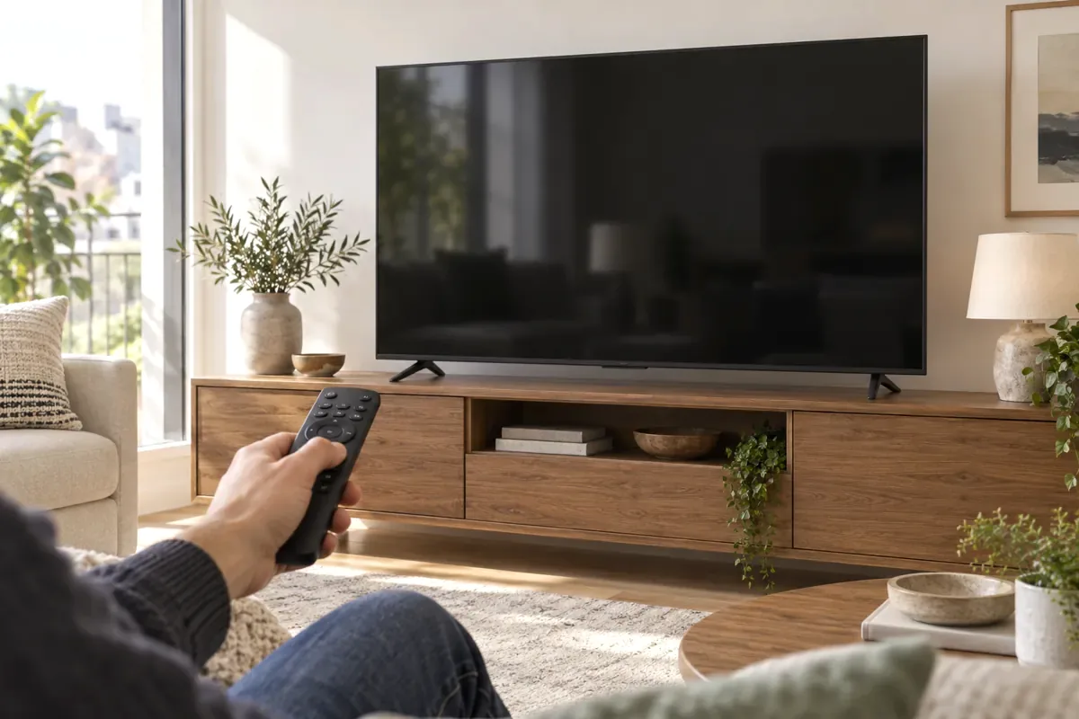 Televisor con pantalla negra y mando a distancia