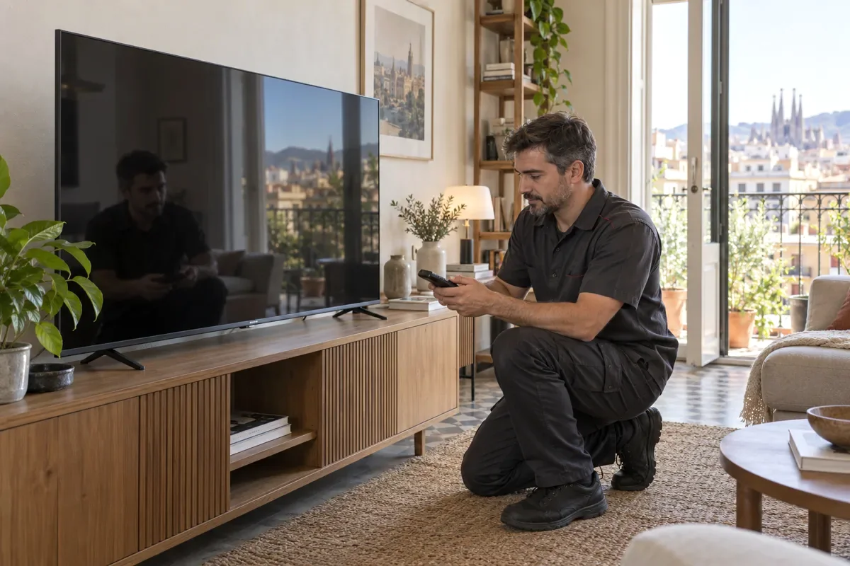 Técnico observando un televisor en un domicilio