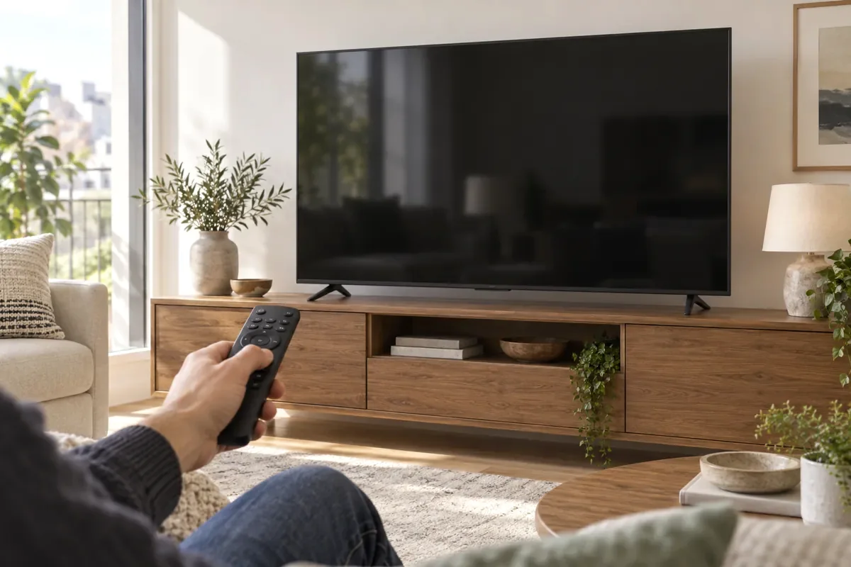 Televisor con pantalla negra y mando a distancia